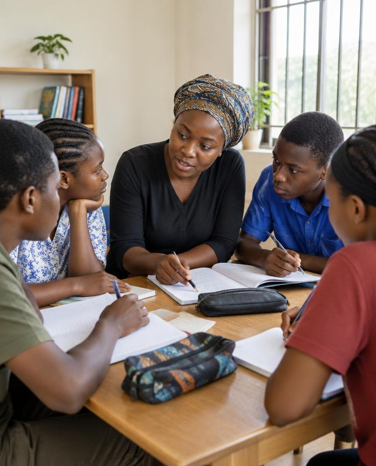 Tutor helping a small group of students learn together