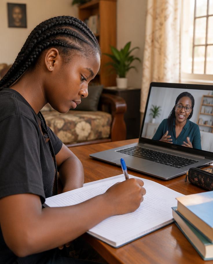 Student taking notes during an online tutoring lesson